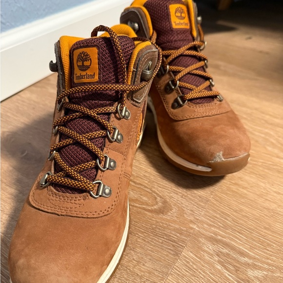 Timberland Brown Suede Ankle Boots with Maroon and Yellow Accents - Picture 2 of 3